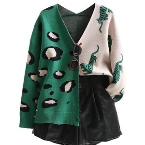 Green and Cream Leopard Print Cardigan